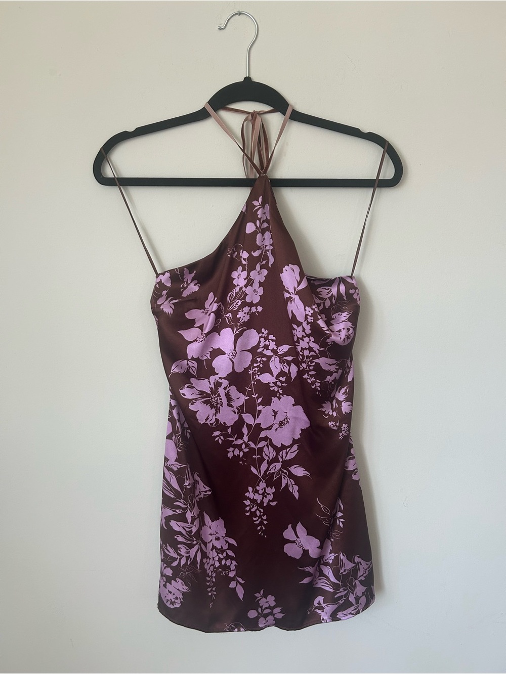 Reformation Poppie Silk Mini Dress in Floral Brown and Lilac Sz 0